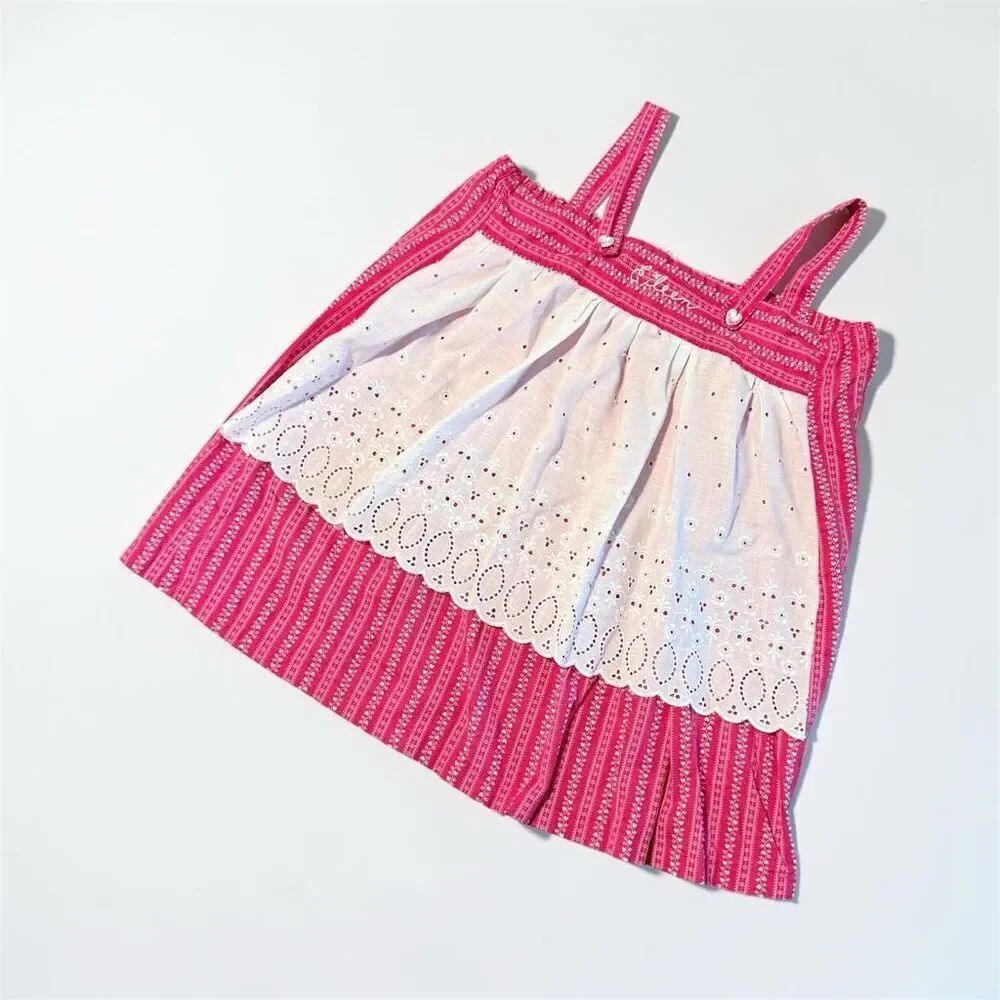 Vintage Red Floral Eileen Embroidered Kids Babydoll Dress Girls Lace Eyelet Medi